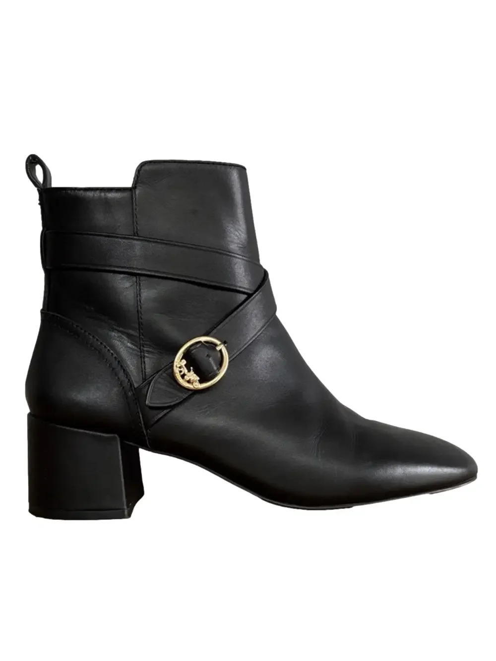 Coach Nadia Black Leather Ankle Boots Horse Carriage Buckle Block Heel 9.5
